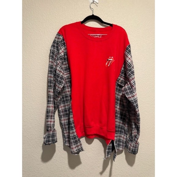 Rolling Stones Upcycled OOAK Flannel Sleeve Sweatshirt Red Rock Band Free size - Picture 1 of 6